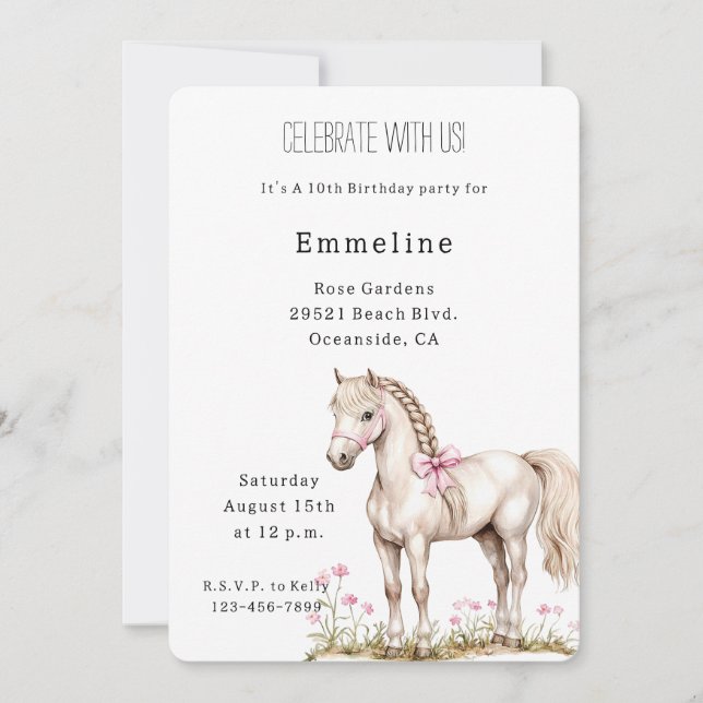 White Horse Pink Bow Floral Birthday Invitation (Front)