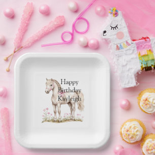 White Horse Pink Bow Floral Birthday Paper Plates