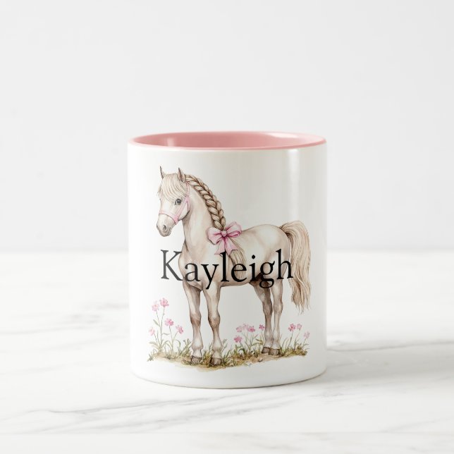 White Horse Pink Bow Floral Birthday Two-Tone Coffee Mug (Center)