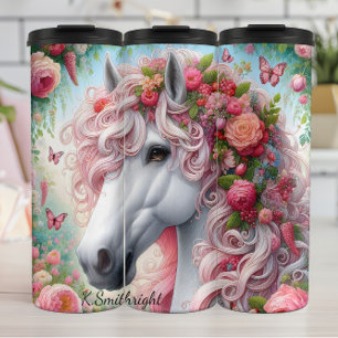 White Horse Pink Floral Fantasy Thermal Tumbler