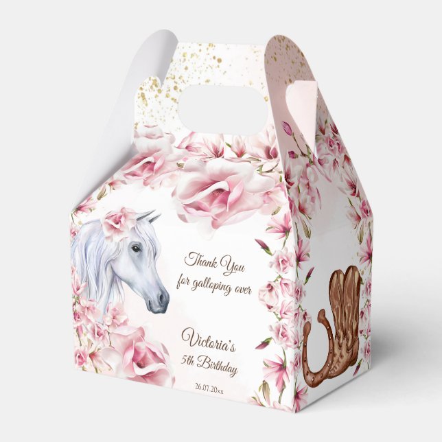 White horse pink flowers cowgirl birthday party favor boxes (Front Side)