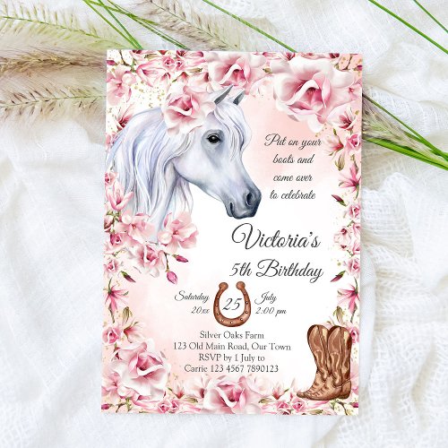 White horse pink flowers cowgirl birthday party invitation