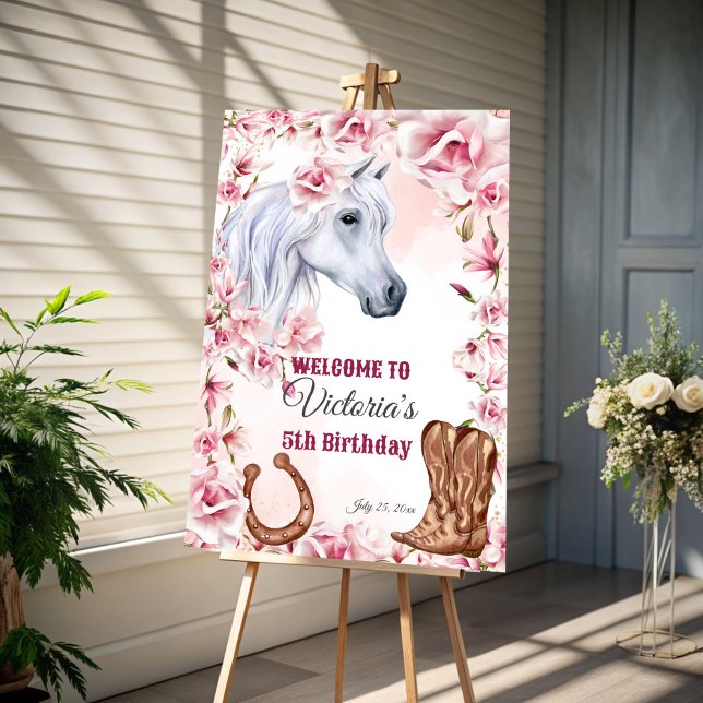 White horse pink flowers cowgirl birthday welcome foam board (White horses equestrian  pink flowers cowgirl birthday welcome sign board)