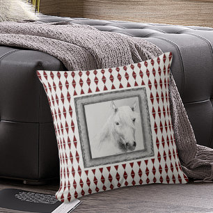 White Horse Portrait Burgundy Harlequin Art Throw Pillow