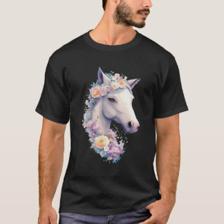 White Horse Portrait With Flowers Cow Horseback Ri T-Shirt