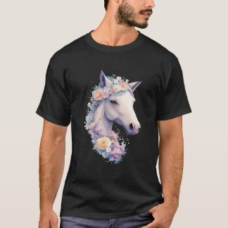 White Horse Portrait With Flowers Cowgirl Horsebac T-Shirt