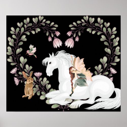 White Horse Pretty Fairy and Heart Flower Wreath Poster