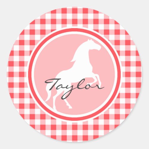 White Horse Red and White Gingham Classic Round Sticker