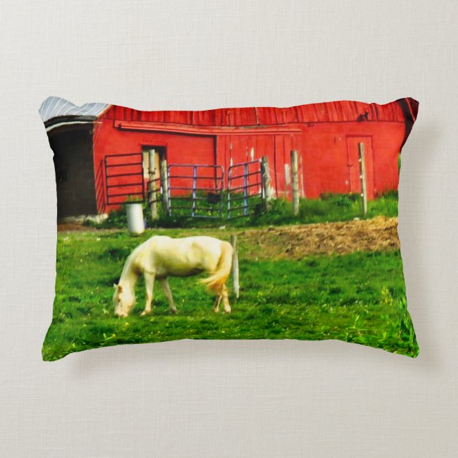 White Horse, Red Barn Accent Pillow