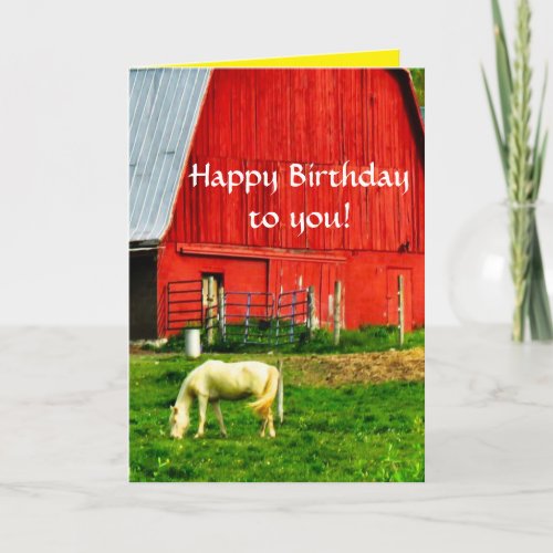 White Horse Red Barn Birthday Card