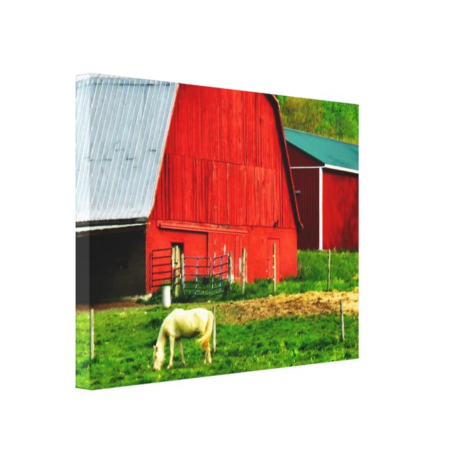 White Horse, Red Barn, Green Hills Canvas Print