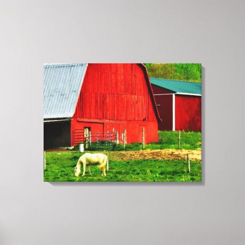 White Horse Red Barn Green Hills Canvas Print