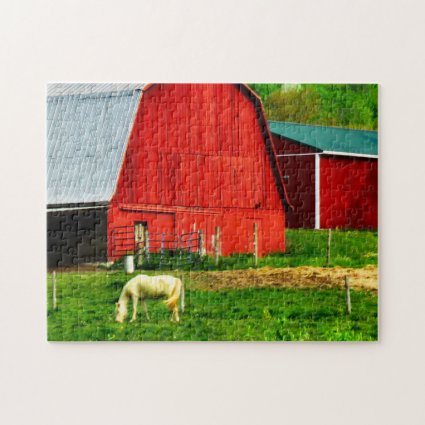 White Horse, Red Barn, Green Hills Jigsaw Puzzle