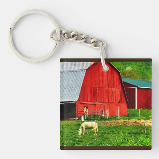 White Horse, Red Barn, Green Hills Keychain