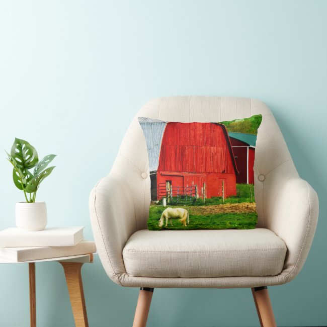 White Horse, Red Barn, Green Hills Pillow
