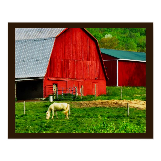 White Horse, Red Barn, Green Hills Poster