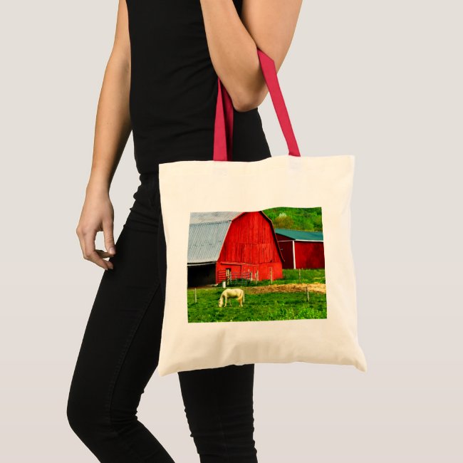 White Horse, Red Barn, Green Hills Tote Bag