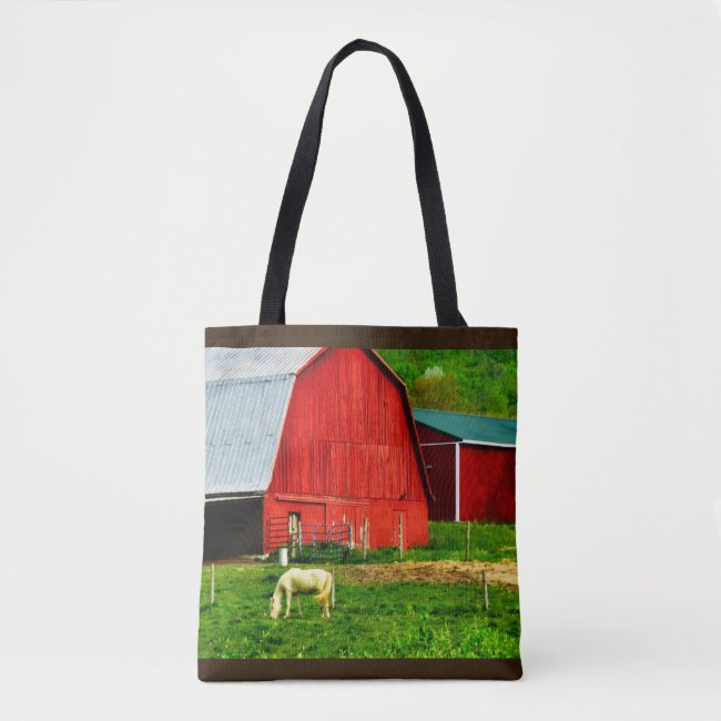 White Horse, Red Barn, Green Hills Tote Bag