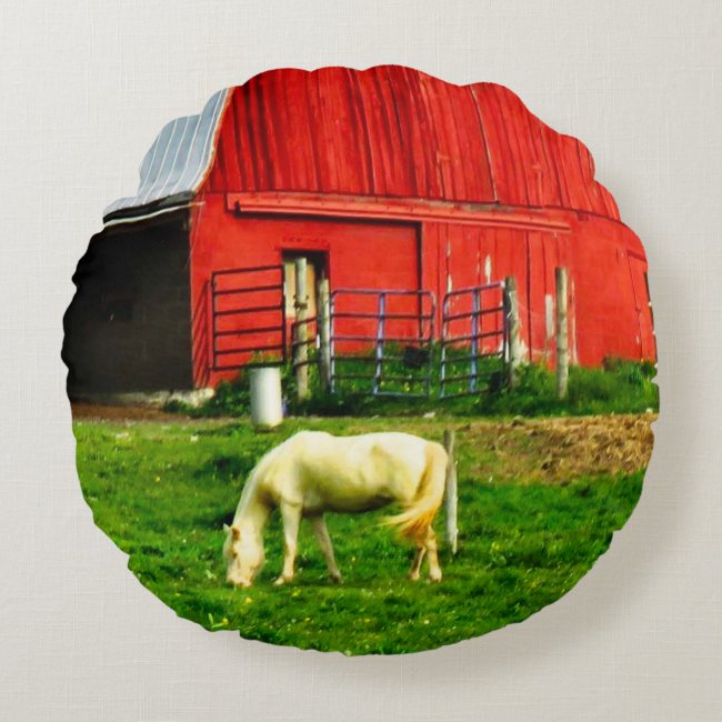 White Horse, Red Barn Round Pillow