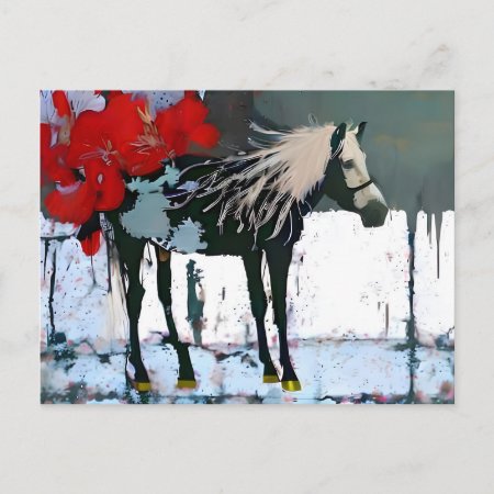 White Horse Red Flowers Postcard