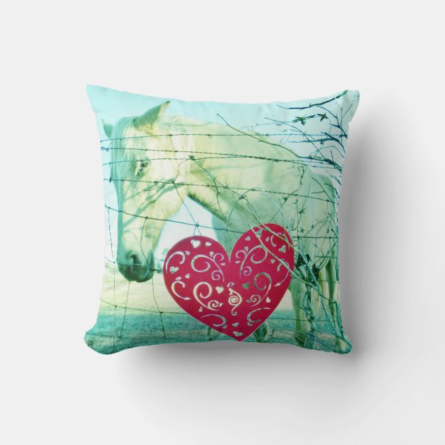 White Horse Red Heart Throw Pillow (Front)