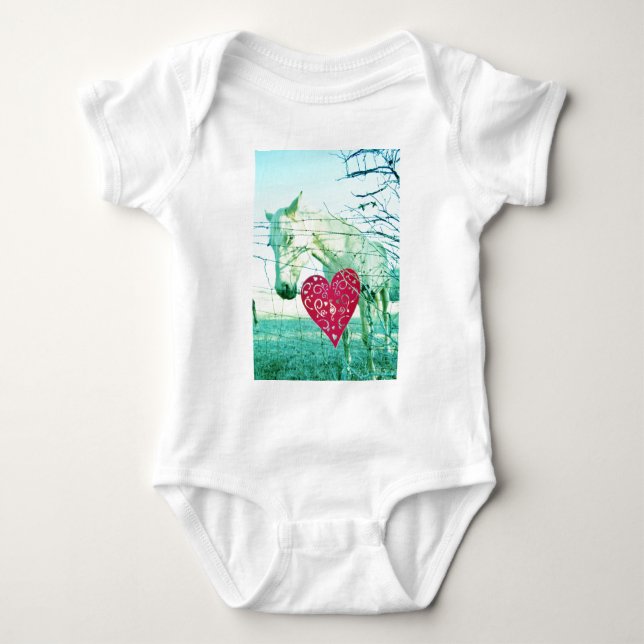 White Horse Red Heart Valentine Baby Bodysuit (Front)