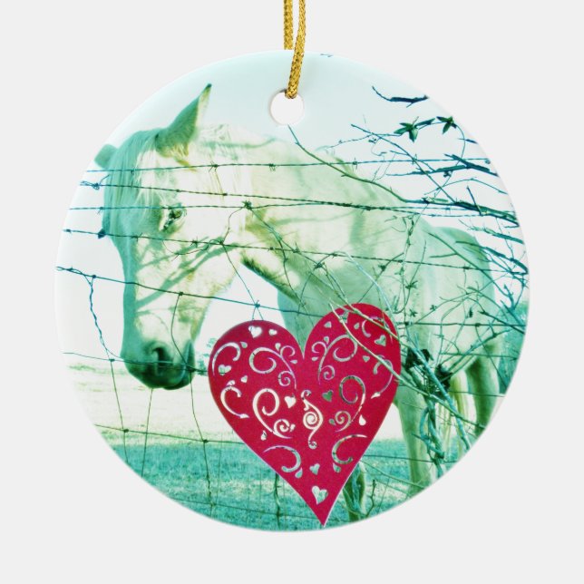 White Horse Red Heart Valentine Ceramic Ornament (Front)