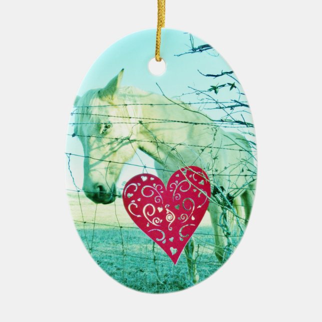 White Horse Red Heart Valentine Ceramic Ornament (Front)