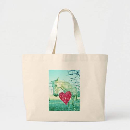 White Horse Red Heart Valentine Large Tote Bag