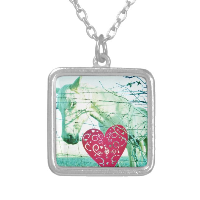 White Horse Red Heart Valentine Silver Plated Necklace (Front)