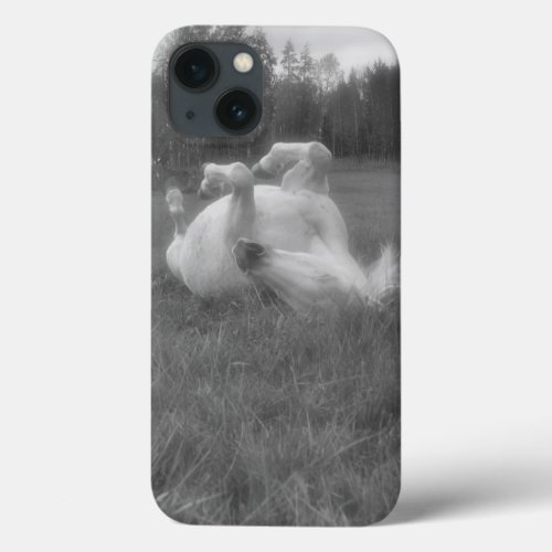 White Horse Rolling in Grass BW Photo at BC Ranch iPhone 13 Case
