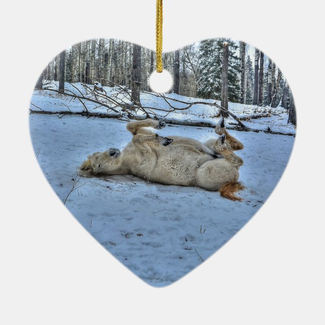 White Horse Rolling in Winter Snow Ceramic Ornament (Back)