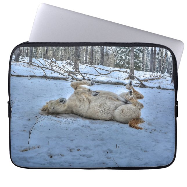 White Horse Rolling in Winter Snow Laptop Sleeve (Front)