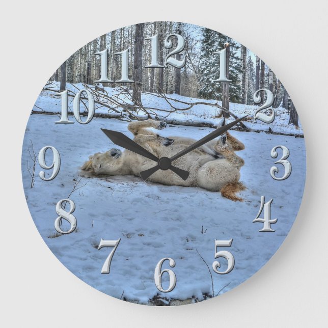 White Horse Rolling in Winter Snow Large Clock (Front)