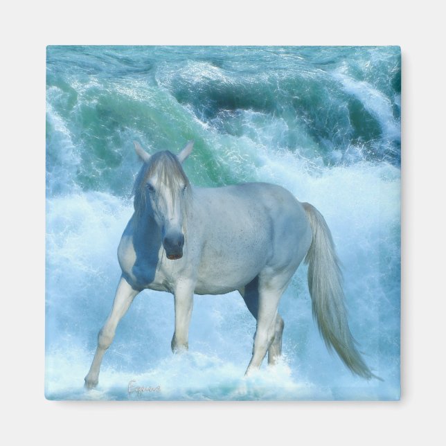 White Horse & Rolling Ocean Surf Art Magnet (Front)