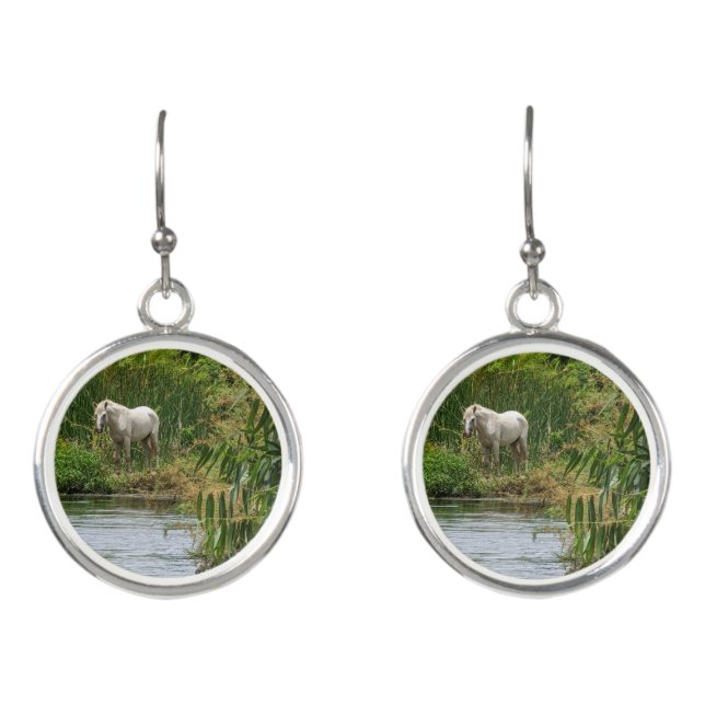 White Horse Round Drop Earrings (Front)
