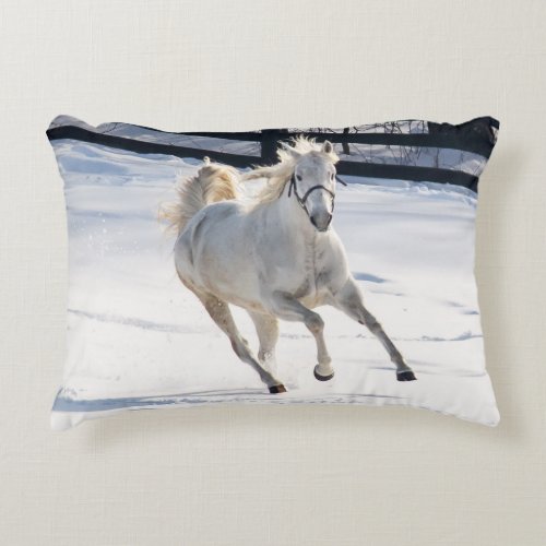 White Horse Running In Snow Accent Pillow