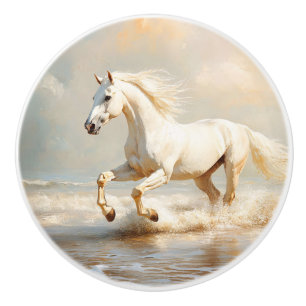 White Horse Running on the Beach Ceramic Knob