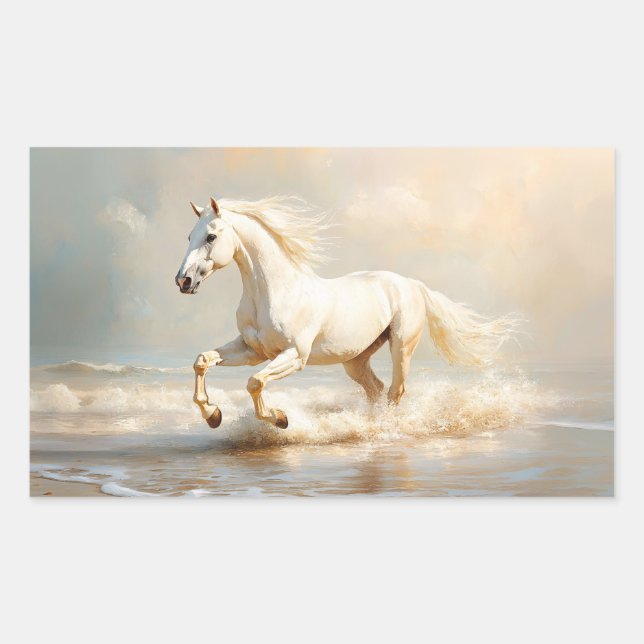 White Horse Running on the Beach Rectangular Sticker (Front)