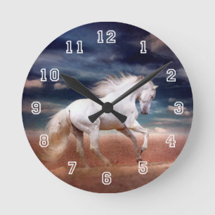 White horse running round wall clock