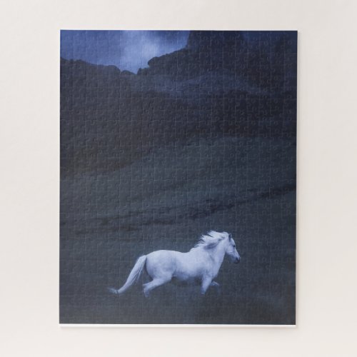 white horse running through a dark, misty landscap jigsaw puzzle