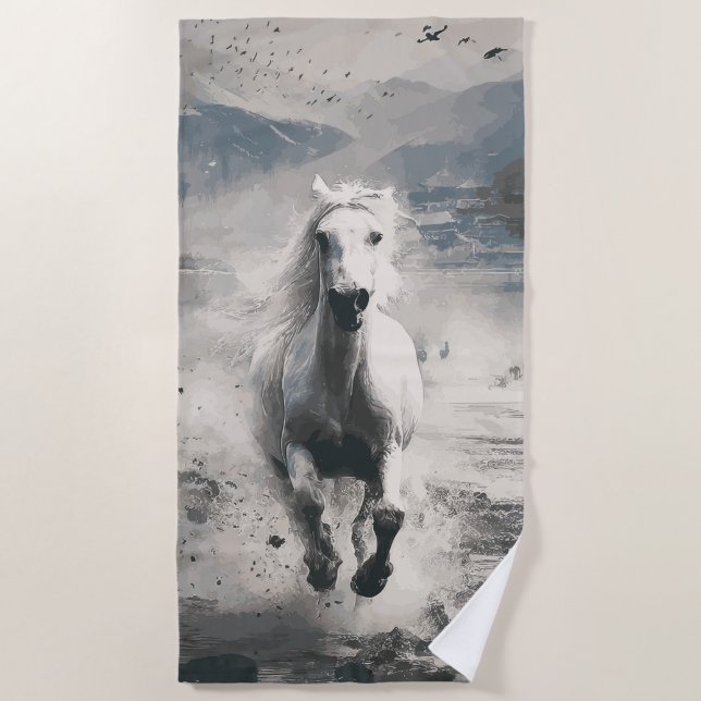 White Horse Running Through Water Beach Towel (Front)