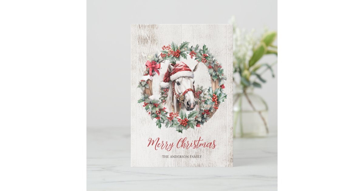 White horse Santa hat Christmas wreath rustic wood Holiday Card | Zazzle