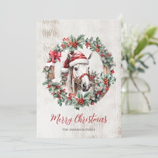 White horse Santa hat Christmas wreath rustic wood Holiday Card (Standing Front)