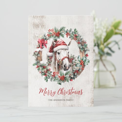 White horse Santa hat Christmas wreath rustic wood Holiday Card