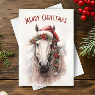 White Horse Santa Hat Red Poinsettias Christmas Card