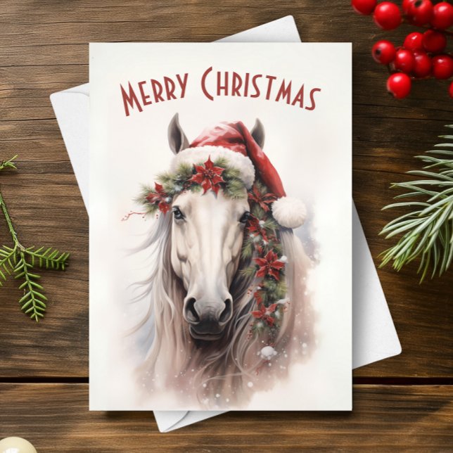 White Horse Santa Hat Red Poinsettias Christmas Card (Creator Uploaded)