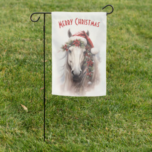 White Horse Santa Hat Red Poinsettias Christmas Garden Flag