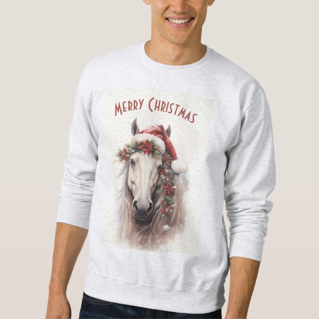 White Horse Santa Hat Red Poinsettias Christmas Sweatshirt (Front)