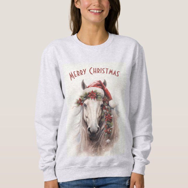 White Horse Santa Hat Red Poinsettias Christmas Sweatshirt (Front)